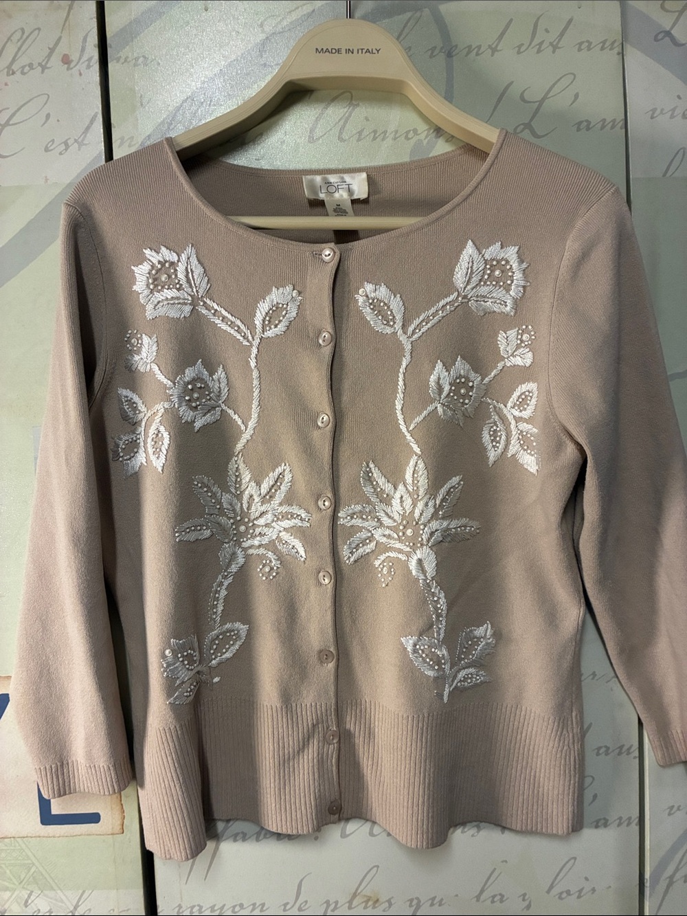 LOFT Taupe Embroidered Button-Front Women's Sweater Sz Medium